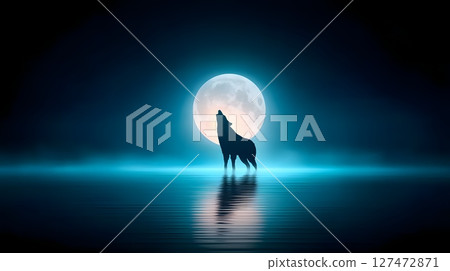 A majestic wolf stands against a luminous full moon, howling into the night. The serene water reflects the moonlight, creating a mystical and captivating atmosphere. A majestic wolf stands against a luminous full moon, howling into the night. The serene water reflects the moonlight, creating a mystical and captivating atmosphere. 127472871