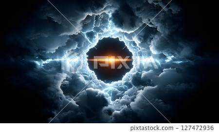 A mesmerizing vortex of dark clouds surrounding a radiant core, symbolizing the power of nature and the mysteries of the universe. The contrast evokes a sense of awe and wonder. 127472936