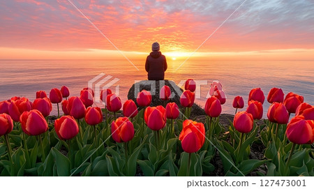Peaceful Sunrise Over the Ocean With Red Tulips 127473001