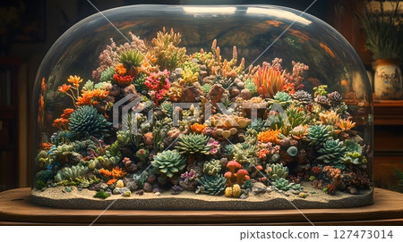 Succulent Plants Growing Under a Glass Cloche 127473014