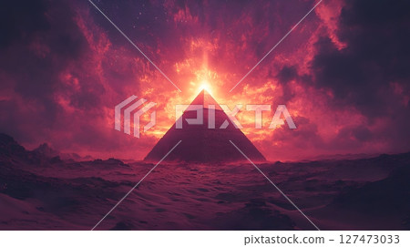 Pyramid Silhouette Under Red Celestial Sky 127473033
