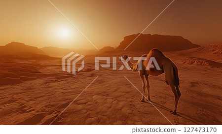 Solitary Camel in Desert Landscape at Sunset Solitary Camel in Desert Landscape at Sunset 127473170