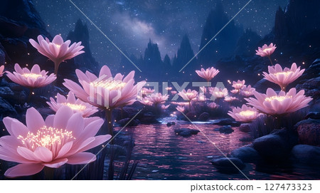 Dreamy Fantasy Landscape with Lotus Flowers 127473323
