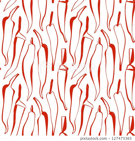 Seamless hand drawn chili pepper pattern in minimal red line art perfect for packaging surface design or kitchen decor Seamless hand drawn chili pepper pattern in minimal red line art perfect for packaging surface design or kitchen decor 127473365