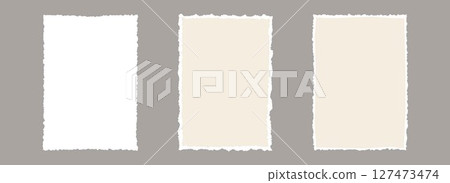 Torn paper frame backgrounds. Beige and white blank sheet wallpapers with jagged edges. Ripped grunge element bundle for poster, text box, banner, collage, sticker. Vector rectangle craft backdrops 127473474