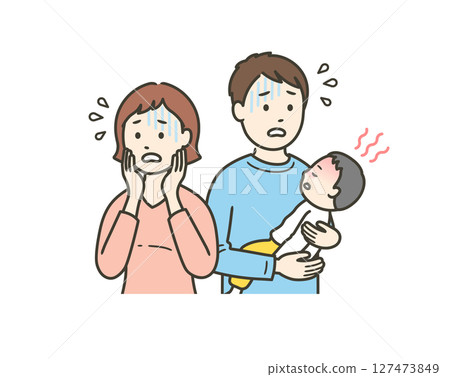 年輕父親抱著突然發燒的孩子焦急萬分,母親也慌了神。 年輕父親抱著突然發燒的孩子焦急萬分,母親也慌了神。 127473849