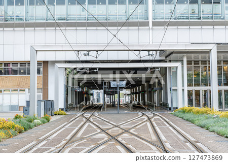 Toyama City, Toyama Prefecture Toyama Light Rail Toyama Station tram stop connected to JR Toyama Station and the scissors crossing in front 127473869