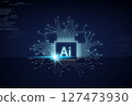 Visual representation of artificial intelligence concept featuring circuit pattern and glowing text on a dark background. This design highlight the fusion of technology and intelligence. 127473930