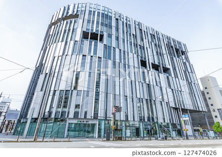 Toyama City, Toyama Prefecture: Toyama Glass Art Museum and Toyama City Library on a clear day Toyama City, Toyama Prefecture: Toyama Glass Art Museum and Toyama City Library on a clear day 127474026