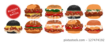 Set of isolated burger with bacon. Cute hand drawn food, burger, in minimal plain colors style on a transparent background. Bread buns with various patty, beef, pork, chicken, fish, and sausage. 127474192