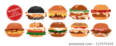 Set of isolated burger with chips and onion rings. Cute hand drawn food, burger, in minimal plain colors style on a transparent background. Bread buns with various patty. 127474193