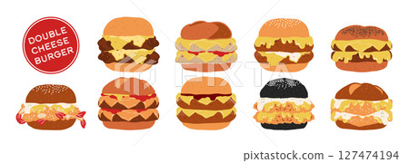 Set of isolated double cheeseburgers. Cute hand drawn food, burger, in minimal plain colors style on a transparent background. Bread buns with various patty. 127474194