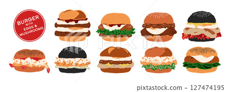 Set of isolated burger with eggs and mushrooms. Cute hand drawn food, burger, in minimal plain colors style on a transparent background. Bread buns with various patty. 127474195