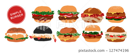 Set of isolated simple burgers. Cute hand drawn food, burger, in minimal plain colors style on a transparent background. Bread buns with various patty, beef, pork, chicken, fish, and sausage. 127474196