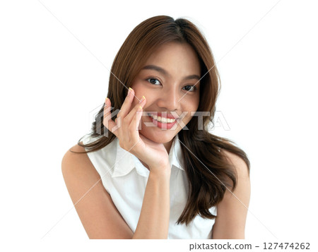 Beautiful young asian woman with clean fresh skin touch her own face . Facial treatment. Cosmetology, beauty and spa. Face care Beautiful young asian woman with clean fresh skin touch her own face . Facial treatment. Cosmetology, beauty and spa. Face care 127474262