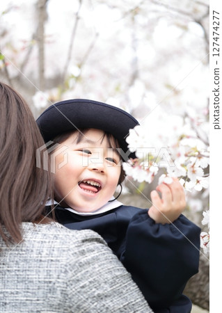 Cherry blossoms and a 3-year-old girl and her mother at the kindergarten entrance ceremony Cherry blossoms and a 3-year-old girl and her mother at the kindergarten entrance ceremony 127474277