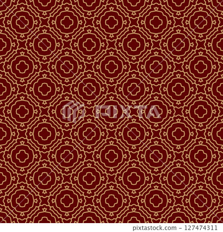 Seamless gold ornament on a red background. The composition of colorful elements creates a seamless pattern. National ornament. Idea for textiles, textures, prints, wallpapers, clothes and interior, 127474311