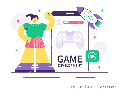 Game Development Vector Illustration Featuring Games, Digital Technology, Programming, and Coding for the Technical Aspects of Creating Video Games 127474328