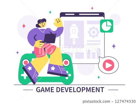Game Development Vector Illustration Featuring Games, Digital Technology, Programming, and Coding for the Technical Aspects of Creating Video Games Game Development Vector Illustration Featuring Games, Digital Technology, Programming, and Coding for the Technical Aspects of Creating Video Games 127474330