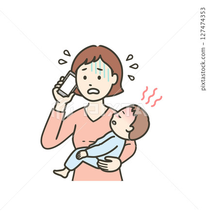 Illustration of a mother's upper body calling a medical institution in a panic, holding a child with a sudden fever 127474353