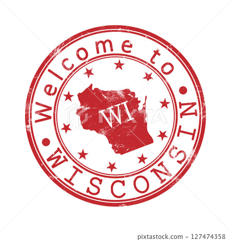 Welcome to Wisconsin. A worn stamp with a silhouette of the state and an abbreviated designation. Print impression, a template for creative design Welcome to Wisconsin. A worn stamp with a silhouette of the state and an abbreviated designation. Print impression, a template for creative design 127474358