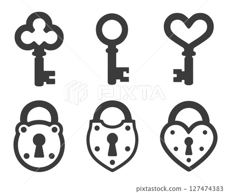Key and lock icon symbol set. Keys and locks. Antique key silhouettes, keyhole, Heart key and lock. Vector illustration image. Isolated on white background.  127474383