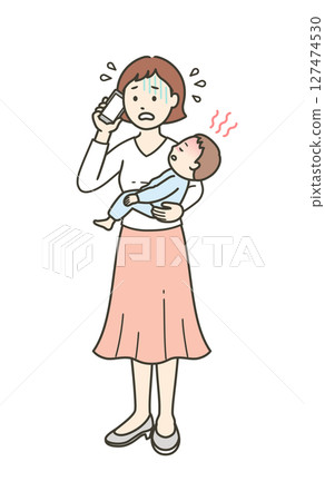 A mother panics and calls a medical institution while holding her child who has suddenly developed a fever 127474530
