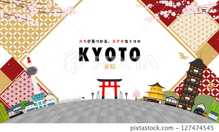Kyoto advertising background template (white) decorated with five-story pagodas and shrines 127474545