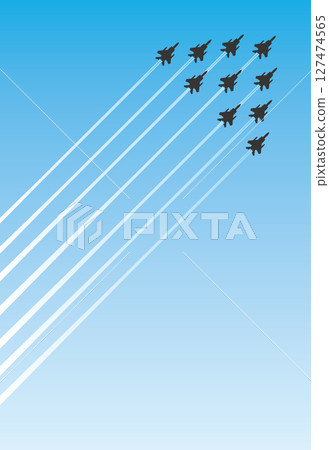 Illustration of a plane trail and the silhouette of a fighter jet 127474565