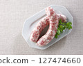 Raw wieners on a plate 127474660