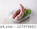 Raw wieners on a plate 127474662