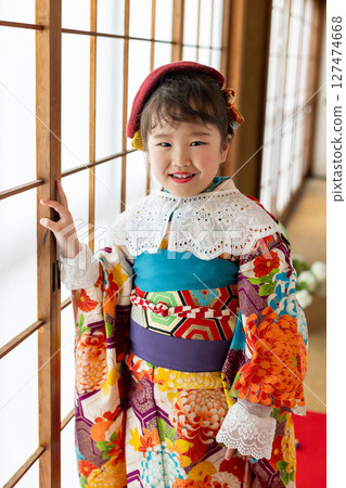 Cute girl in kimono for Shichigosan 7 years old Cute girl in kimono for Shichigosan 7 years old 127474668