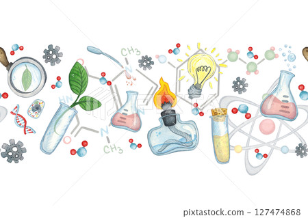 Seamless border of laboratory glassware, formulas, molecules. Laboratory, science, school. Watercolor illustration hand drawn, cartoon. Drawing for infographics, science festival, cards, invitations 127474868