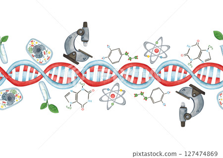 Seamless border of DNA chain, microscope, cell, chemical formulas and plants in test tube. Watercolor illustration hand drawn, cartoon. Drawing for infographics, packaging, cards, invitations. Bio 127474869