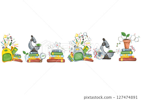 Seamless border of back to school compositions. Watercolor illustration hand drawn, cartoon. Drawing for infographics, packaging, cards, invitations. Biology, science, genetics, school, learning Seamless border of back to school compositions. Watercolor illustration hand drawn, cartoon. Drawing for infographics, packaging, cards, invitations. Biology, science, genetics, school, learning 127474891