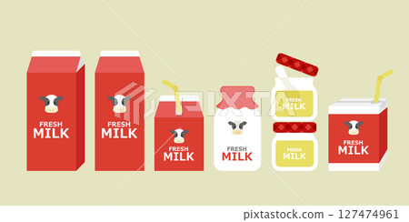 紅色牛奶和優格容器（包裝、乳製品）的向量插圖集 127474961
