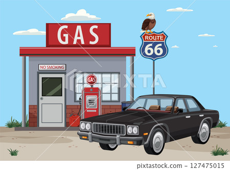 Retro Route 66 Gas Station Illustration Retro Route 66 Gas Station Illustration 127475015
