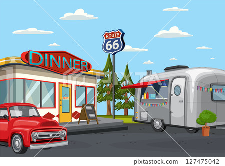 Retro Route 66 Diner and Vintage Trailer Scene Retro Route 66 Diner and Vintage Trailer Scene 127475042