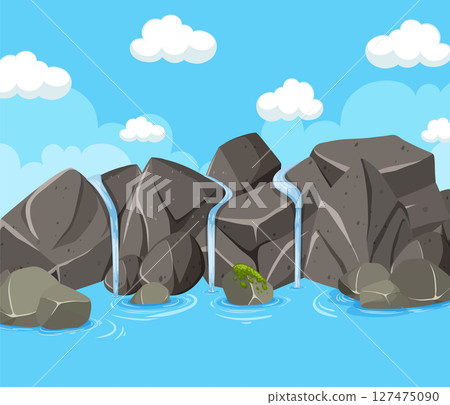 Rocky Waterfall with Clear Blue Sky Rocky Waterfall with Clear Blue Sky 127475090