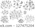 hand drawn architectural sketches of artificial intelligence topics and robots and network strucures and ai in architecture and traffic 127475204