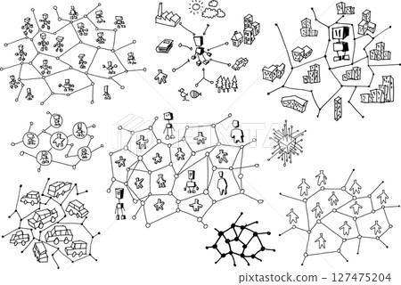 hand drawn architectural sketches of artificial intelligence topics and robots and network strucures and ai in architecture and traffic 127475204