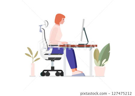 Incorrect posture for sitting at computer desk. Incorrect posture for sitting at computer desk. 127475212