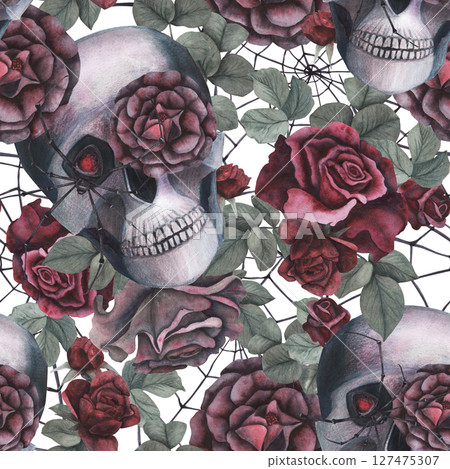 Seamless pattern Scull, dark roses with black spider, cobweb isolated on white background. Watercolor hand drawn illustration. Art design mystical graphics Halloween witch fabric, textile decoration 127475307