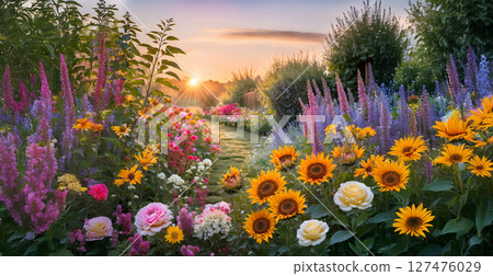 Flower garden in the morning sun Flower garden in the morning sun 127476029