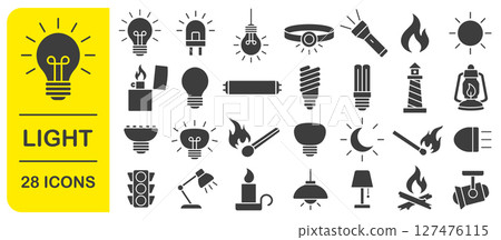 Light icon symbol set. Light bulb, lamp, flashlight, LED, lantern, spotlight, campfire and lighter icons sign. Vector illustration image. Isolated on white background. Light icon symbol set. Light bulb, lamp, flashlight, LED, lantern, spotlight, campfire and lighter icons sign. Vector illustration image. Isolated on white background. 127476115
