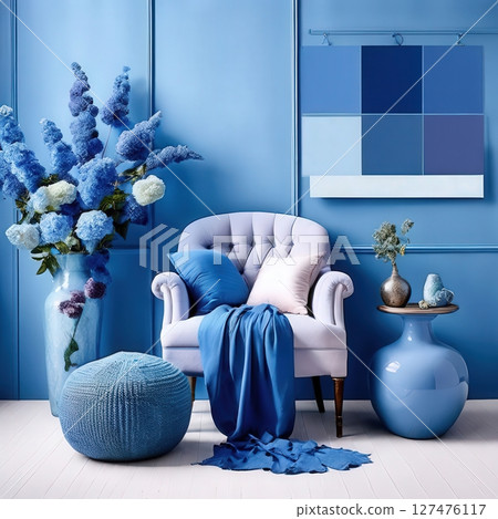 an AI Image Generator, Elegant Blue Living Room With Stylish Decor 127476117