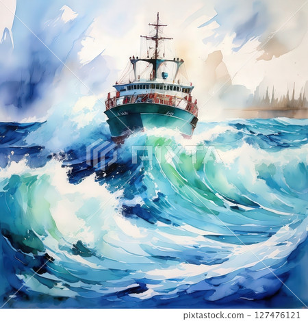 an AI Image Generator, Dynamic Ocean Scene Featuring a Ship Navigating an AI Image Generator, Dynamic Ocean Scene Featuring a Ship Navigating 127476121
