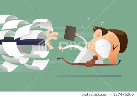 Illustration of office worker fleeing unpaid overtime chase. 127476209