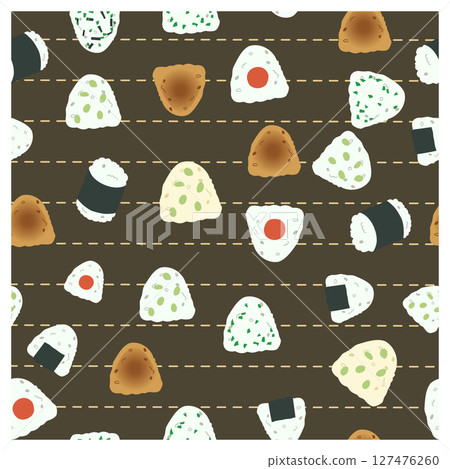 Seamless Japanese Food Pattern Featuring Cute Onigiri ,rice balls in a kawaii style for Packaging and Textile Design. 127476260