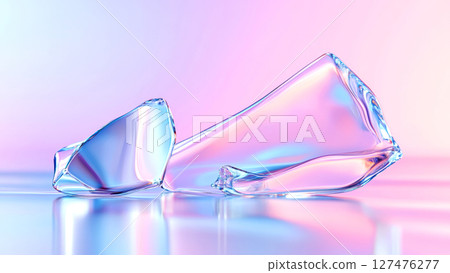 Two abstract crystal shapes are reflecting on a smooth iridescent surface with pink and blue gradient background 127476277